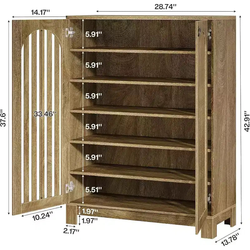 Cabinet with Slatted Doors, 6-Tier Entryway Rack Organizer with Adjustable Shelves for Living Room, Bedroom, Natural Wood