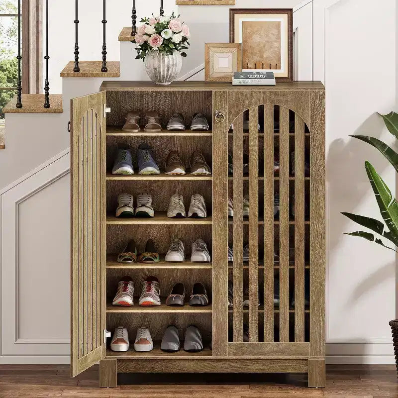 Cabinet with Slatted Doors, 6-Tier Entryway Rack Organizer with Adjustable Shelves for Living Room, Bedroom, Natural Wood