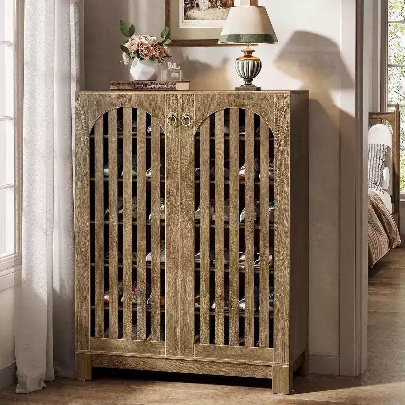 Cabinet with Slatted Doors, 6-Tier Entryway Rack Organizer with Adjustable Shelves for Living Room, Bedroom, Natural Wood