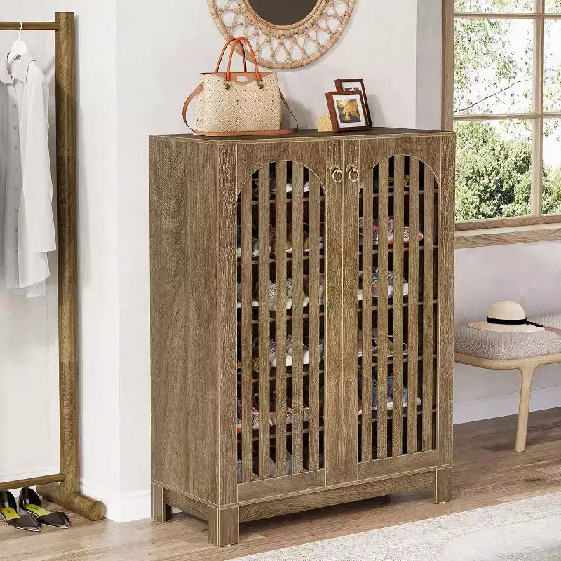 Cabinet with Slatted Doors, 6-Tier Entryway Rack Organizer with Adjustable Shelves for Living Room, Bedroom, Natural Wood