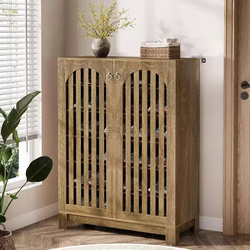 Cabinet with Slatted Doors, 6-Tier Entryway Rack Organizer with Adjustable Shelves for Living Room, Bedroom, Natural Wood