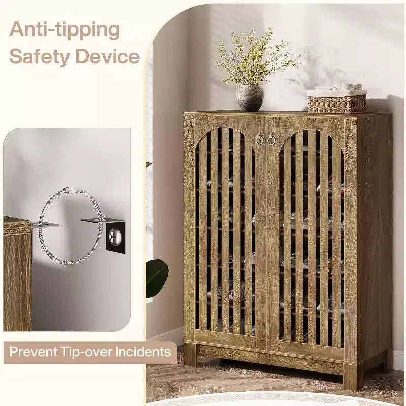 Cabinet with Slatted Doors, 6-Tier Entryway Rack Organizer with Adjustable Shelves for Living Room, Bedroom, Natural Wood