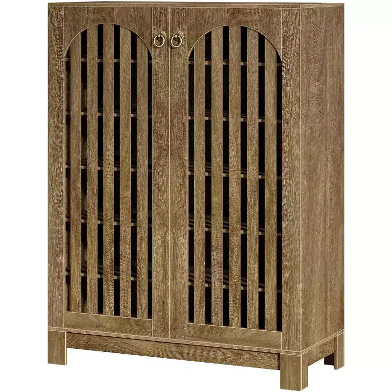 Cabinet with Slatted Doors, 6-Tier Entryway Rack Organizer with Adjustable Shelves for Living Room, Bedroom, Natural Wood