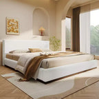 Letto a Piattaforma Moderno Minimalista in Legno Rivestito in Bouclé