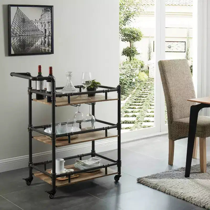 3 Tier Metal Serving Cart Beige/Black: Industrial Style Tea & Coffee Cart with Wheels
