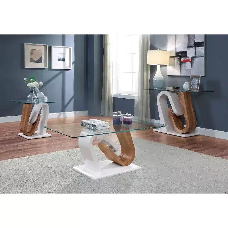 Tavolino da Divano Bianco - : Tavolino da Ingresso Moderno, Top in Vetro Temperato, Impiallacciatura in Legno